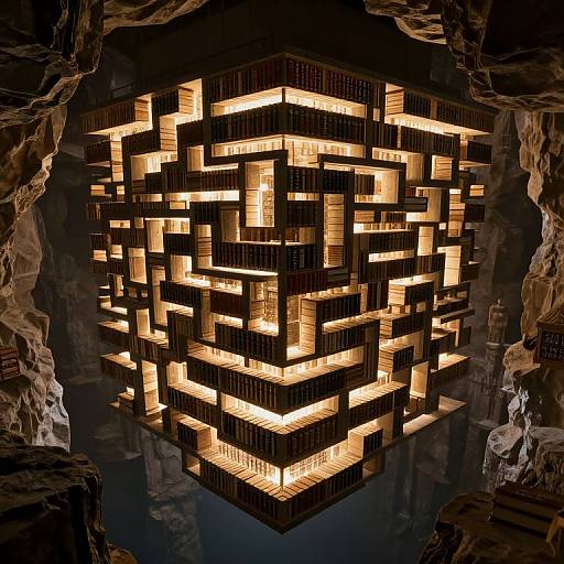 Photograph of a glowing, geometric, multi-tiered black and wooden light installation resembling a Rubik's Cube, set inside a rocky cave.