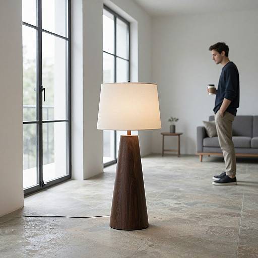 Photograph of modern living room with tall window, white lampshade on dark wooden base, man in black sweater and beige pants standing in background near gray