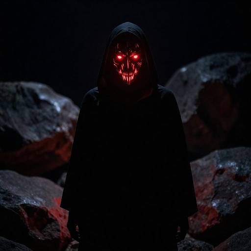 Dark Hooded Figure with Glowing Red Mask