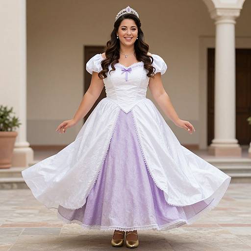 Photograph of a smiling woman with long black hair, wearing a white princess-style dress, tiara, and gold shoes, standing in a colonn
