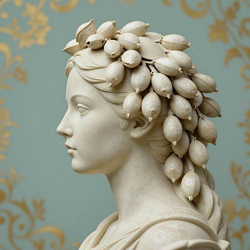 Photograph of a white marble statue with a serene profile, adorned with a crown of pear-shaped leaves, set against a blue, ornate gold-pattern