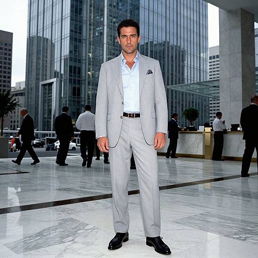 Photograph of a handsome man in a light gray suit, white shirt, and black shoes, standing in a modern, glass-walled skyscraper lobby