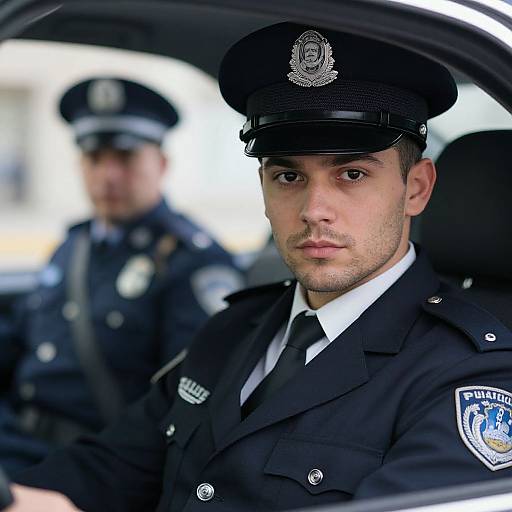 Photograph of serious male police officer with dark hair, black uniform, and cap, driving, with another officer blurred in background.