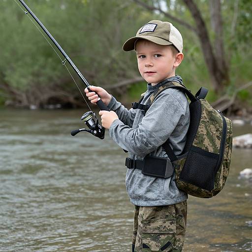 Photograph of a young Caucasian boy with light skin, wearing camouflage cap, gray shirt, camo pants, and backpack, fishing in a wooded stream