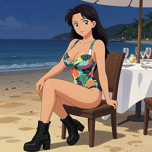 Athletic Woman in Tropical Swimsuit at Dusk