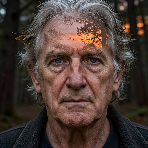 Photograph of an elderly man with white, wavy hair, blue eyes, and weathered skin, reflecting an orange sunset through a tree branch in