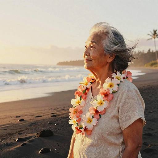 Photograph of an elderly woman with gray hair, wearing a beige lace top and a pink and white flower lei, smiling at a sunset beach with waves