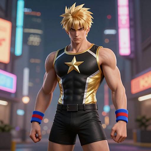 Muscular Anime Hero in Black and Gold Costume