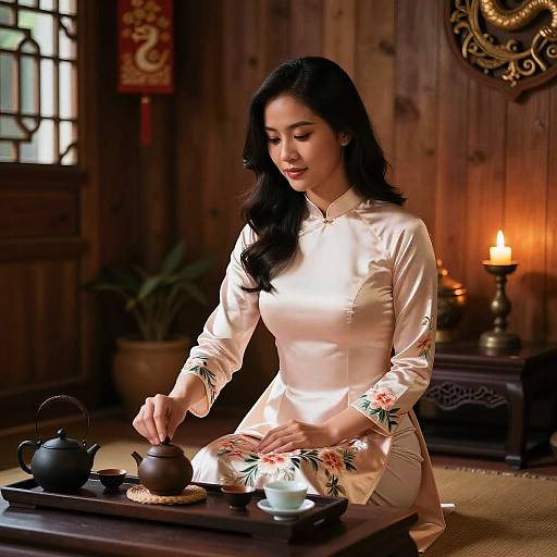 Asian woman in white silk floral cheongsam, serving tea in wooden room with candlelight, traditional decor, and wooden wall panels. Photograph.
