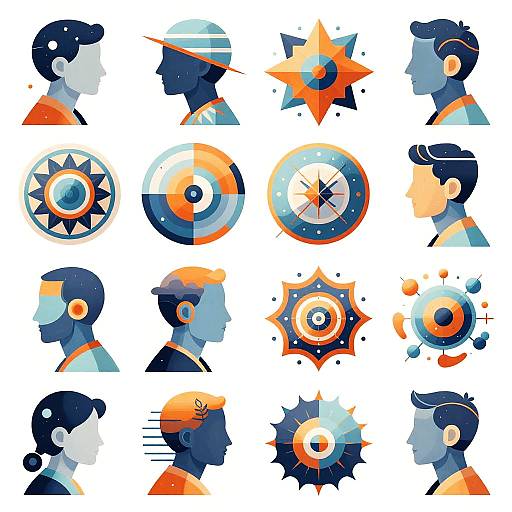 Digital illustration of 16 stylized, colorful, side-profile human heads interspersed with geometric and circular sci-fi icons on a white background.