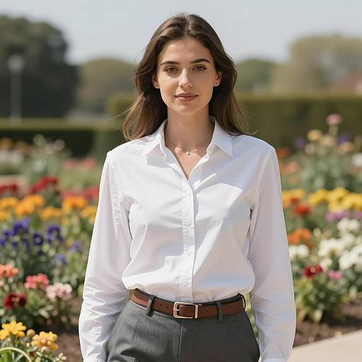Young Woman in Business Casual Attire in Garden