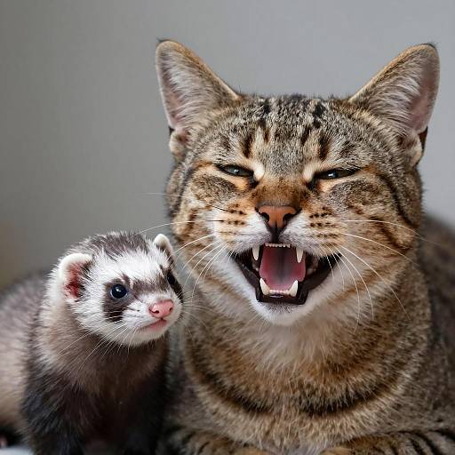 Tabby Cat and Gray Ferret Close-Up