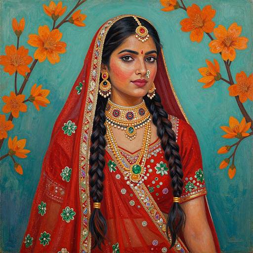 Digital painting of an Indian bride in a red saree with gold and green jewelry, long braids, and orange flowers in the background.