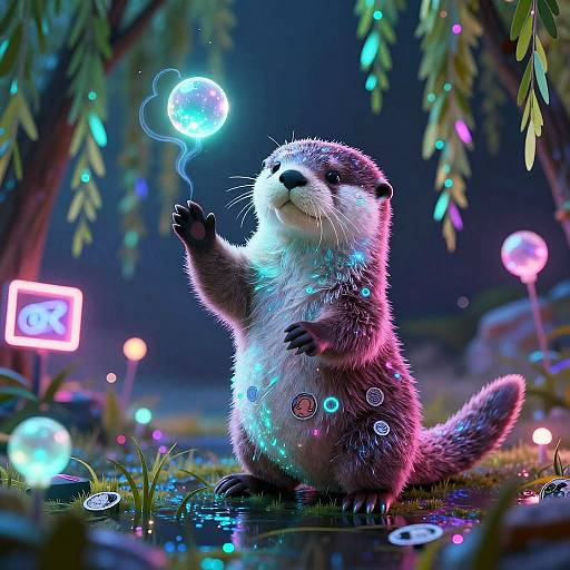 Bioluminescent Otter Juggling Neon Orbs