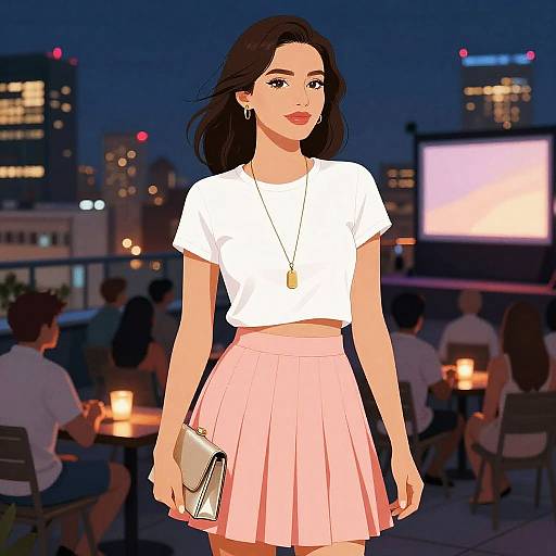 Digital illustration of a stylish woman with dark hair, white crop top, pink skirt, and gold necklace, holding a clutch, on a rooftop at night