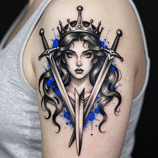 Black-and-gray tattoo of a crowned, wavy-haired woman with intense eyes, flanked by two crossed swords, with blue splatters. Shoulder tattoo