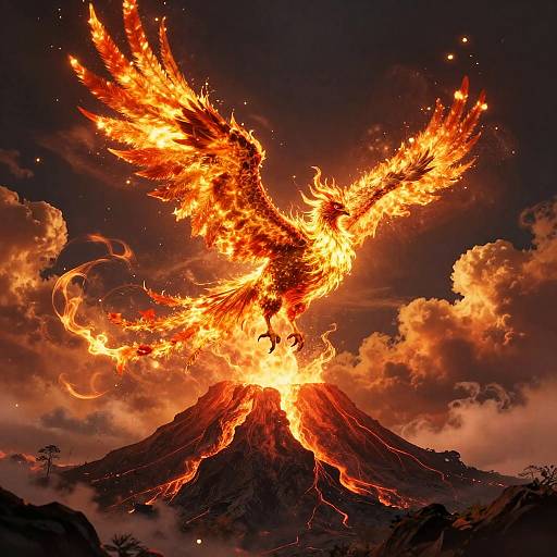 Mystical Sunfire Phoenix Over Volcano