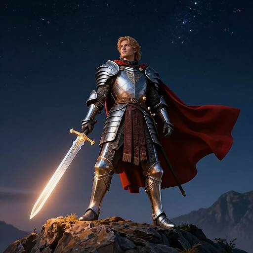 Photorealistic CGI of a muscular, blonde knight in shiny silver armor, red cape, and holding a glowing sword, standing on a rocky peak under