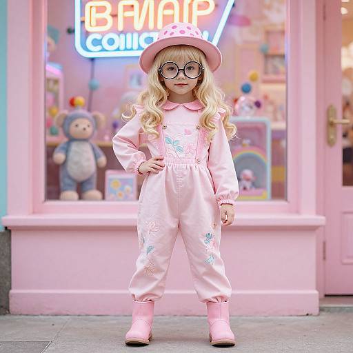 Photograph of a blonde girl with glasses, wearing a pink hat, romper, and boots, standing in front of a pastel-colored toy store