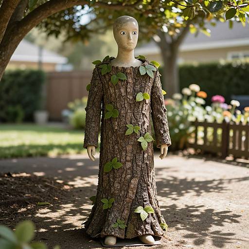 Photograph of a bald-headed mannequin wearing a tree bark dress adorned with green leaves, standing in a sunlit garden path.
