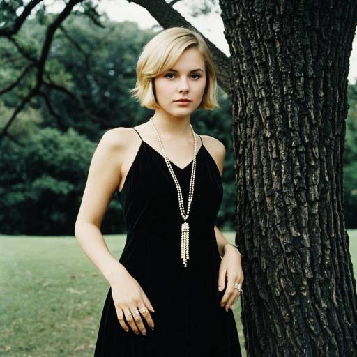 Blonde Woman in Black Gatsby Dress Outdoors