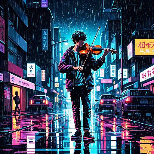 Pixelated Anime Street Musician Playing Violin at Night
