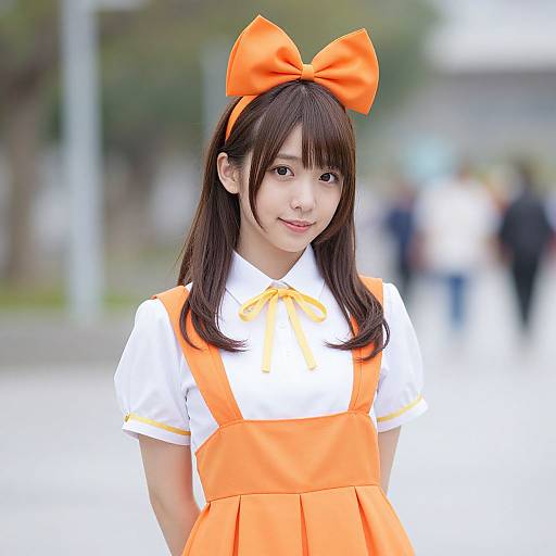 Photograph of an Asian woman with long brown hair, wearing an orange bow headband, white shirt, and orange pinafore dress, standing outdoors