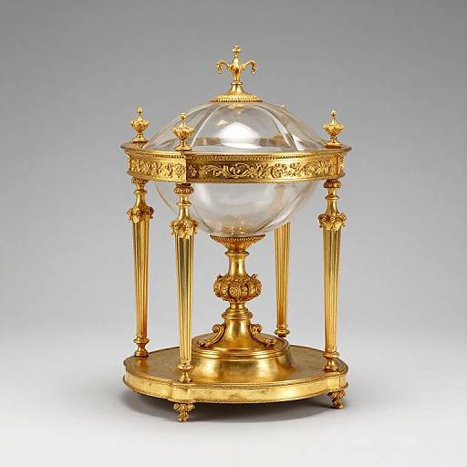 Luxurious gold ornate pedestal with a clear glass orb, supported by four slender gold columns, featuring intricate carvings and a decorative finial on