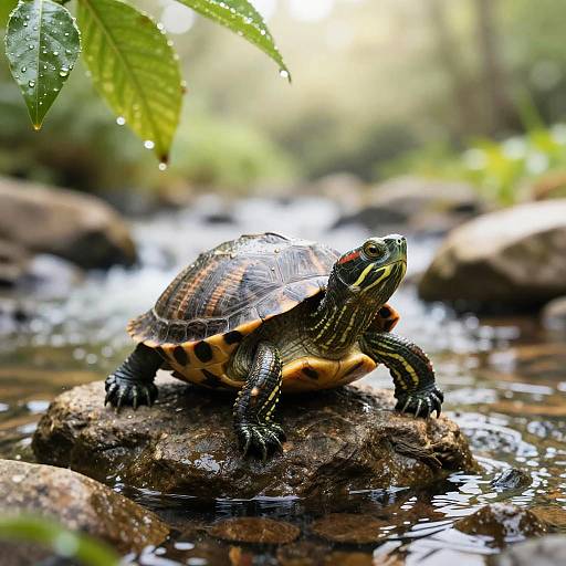 Photograph of a vibrant, green and yellow turtle with red eyes, standing on a rock in a sunlit, shallow, forest stream, surrounded by