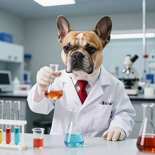 Photograph of a brown French Bulldog wearing a white lab coat and red tie, holding a flask with orange liquid in a brightly lit laboratory, surrounded