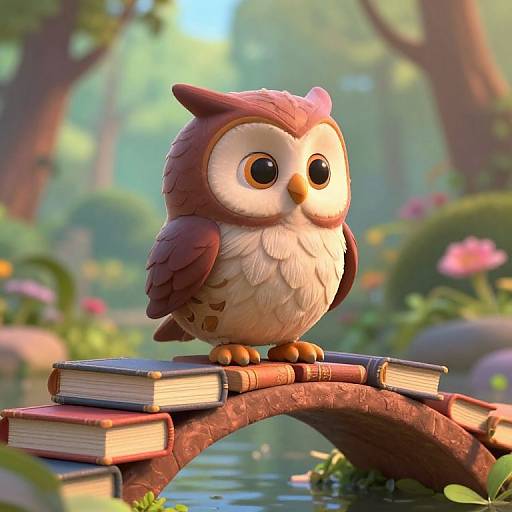 Cute, cartoon-style brown and white owl with big eyes perches on a stack of books over a forest pond, surrounded by lush greenery and