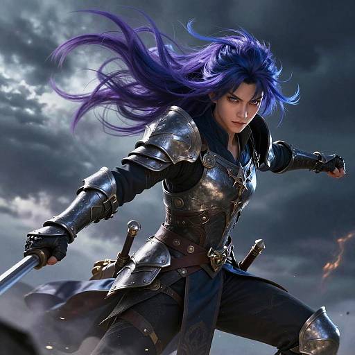 Fantasy Warrior with Flowing Purple Hair