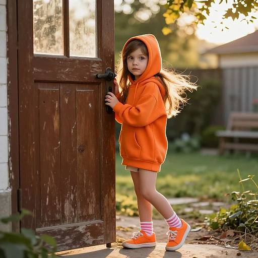 Curious Girl by Rustic Wooden Door