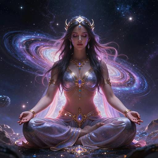 Digital artwork of a serene, ethereal woman with long, flowing purple hair, wearing shimmering silver attire and gold jewelry, meditating cross-legged in
