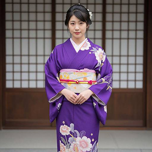 Photograph of a Japanese woman in a vibrant purple kimono with floral patterns, standing in front of traditional shoji screens.