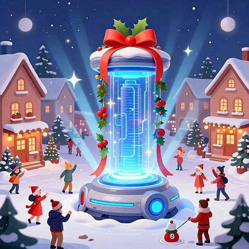 Christmas night scene: glowing blue futuristic tree with red bow, holly, and lights, surrounded by festive people, snow-covered houses, and stars.