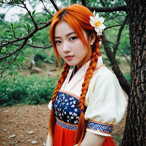 Young Woman in Traditional Asian Dress with Orange Twin Braids