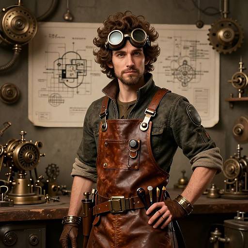 Photorealistic digital art of a curly-haired, bearded man in steampunk goggles, brown leather apron, and gloves, standing in a