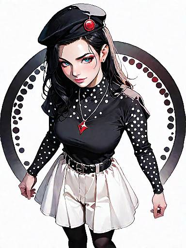 Stylish Woman in Black Beret with Polka Dot Outfit