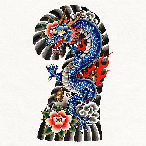 Vibrant digital illustration of a blue, fiery dragon with red flames, gold accents, and a white flower, coiled around black stone blocks.