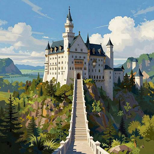 Vibrant Digital Painting of Hilltop Castle