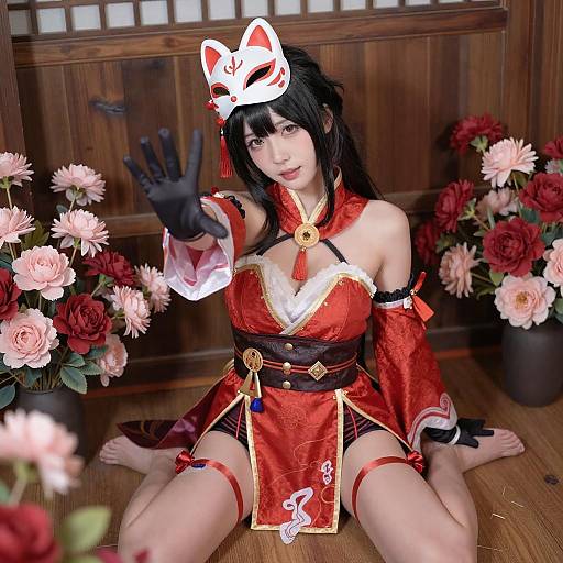 Anime Woman with Fox Mask and Flowers