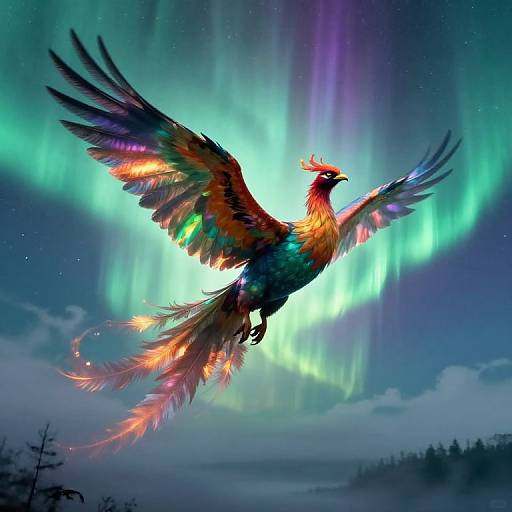 Digital art of a vibrant, multicolored phoenix with glowing feathers soaring against a backdrop of vivid auroras in a night sky.