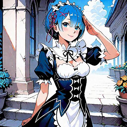 Blue-Haired Maid Saluting in Mansion Grounds