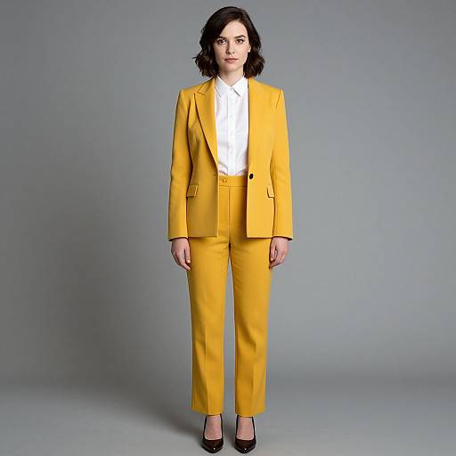 Photograph of a pale-skinned woman with dark wavy hair, wearing a bright yellow suit, white shirt, and black heels, standing against a