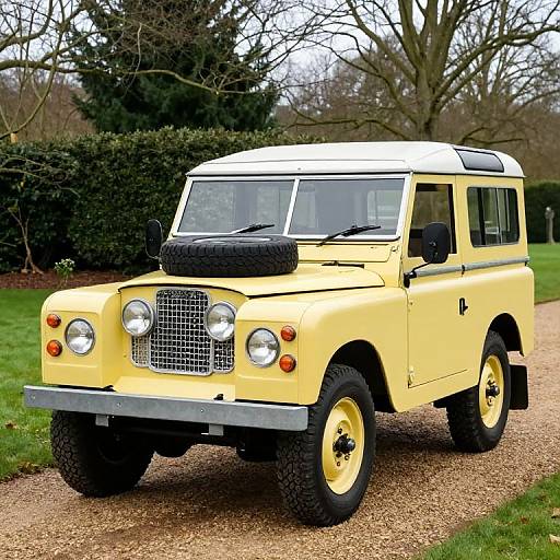 Photograph of a vintage yellow Land Rover with white roof, black front tire cover, and yellow wheels, parked on a gravel path in a leafless