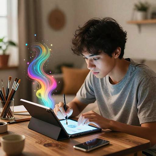 Photograph of a young man with short, dark hair in a gray t-shirt, drawing colorful, glowing swirls on a tablet.