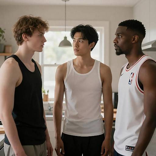 Diverse Men Gathered in Bright Kitchen