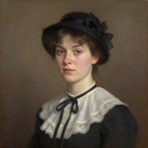 Photorealistic oil painting of a young, fair-skinned woman with brown hair, wearing a black hat and lace-trimmed black dress, against