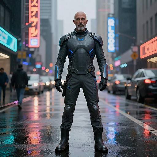 Futuristic Man in Neon City Rain
